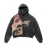 FOESCE Men's Letters and Patten Printed Hoodies Autumn Y2k Retro Sweatshirts Loose Casual Punk Harajuku Long Sleeve Pullovers Clothes