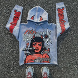 FOESCE Men's Letters and Patten Printed Hoodies Autumn Y2k Retro Sweatshirts Loose Casual Punk Harajuku Long Sleeve Pullovers Clothes