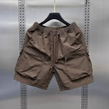 FOESCE Men's Retro Multi Pocket Cargo Shorts Summer Thin Loose Straight Casual Outerwear Capris Solid Color Drawstring Short Pants