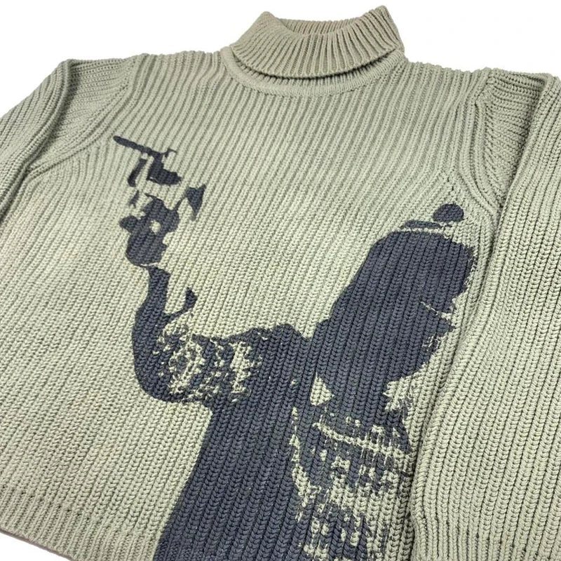 FOESCE Men's Vintage Knit Sweaters Fall/Winter Pullover Sweater Turtleneck Unisex Y2K Harajuku Oversized Sweater Print Chic Aesthetics