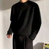 FOESCE Mens Autumn Winter Korean Style Loose Round Neck Knitted Sweater Gender-Neutral Trendy Casual Solid Color Simple Sweater Unisex