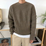 FOESCE Mens Autumn Winter Korean Style Loose Round Neck Knitted Sweater Gender-Neutral Trendy Casual Solid Color Simple Sweater Unisex