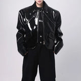 FOESCE Mens Jacket Shiny Leather Jacket Handsome Performance Stage Outfit Autumn Elegant British Excellent Patent Leather Jacket