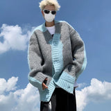 FOESCE Mens Jacquard Patchwork Knit Cardigan Sweater Korean Popular Retro Long Sleeve Streetwear Cardigans Leisure Knitwear Sweatercoat