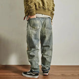 FOESCE Mens Jeans Ripped Casual Pants Autumn Fashion Retro Streetwear Youth Campus Trend Wide Leg Straight Pants Men'S Clothing 2025