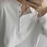 FOESCE Mens Korean Y2K T-Shirt Design Sense Collar Button Long Sleeved T-Shirt Autumn Casual Solid Color Versatile Top Men's Clothing