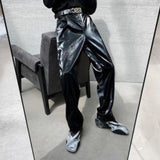 FOESCE Mens Leather Pants Classy Trendy High Street Black Straight Motorcycle Pants Punk Style Chic Stage Trousers Men'S Wear 2025