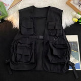 FOESCE Multi Pockets Cargo Waistcoat Solid Color Hip Hop Style Women Men Cargo Waistcoat Sleeveless Loose Buckle Closure Jackets Vests