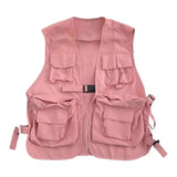 FOESCE Multi Pockets Cargo Waistcoat Solid Color Hip Hop Style Women Men Cargo Waistcoat Sleeveless Loose Buckle Closure Jackets Vests