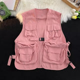 FOESCE Multi Pockets Cargo Waistcoat Solid Color Hip Hop Style Women Men Cargo Waistcoat Sleeveless Loose Buckle Closure Jackets Vests