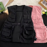 FOESCE Multi Pockets Cargo Waistcoat Solid Color Hip Hop Style Women Men Cargo Waistcoat Sleeveless Loose Buckle Closure Jackets Vests