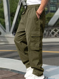 FOESCE New 2024 Cargo Pants Trousers for Men Full Length Solid Color Loose Multi-pocket Drawstring Pockets Pants Male Cargo Pants 3XL