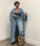 FOESCE New African Fashion Cardigans For Women Autumn Spring Sexy Hollow Denim Long Down Coat Plus Europe Lady Swimwear Long Kimonos