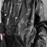 New Chinese Style Dragon Pattern Jacquard Silk Shirt For Men Casual Metal Buckle Dull Black Aesthetic Neutral Loose-fit Shirt
