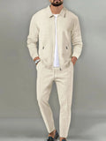 New Men's Jacket POLO Shirt 2 sets Long Sleeve Casual Fashion Commercial Breathable lapel, Pants pull Rope Solid Color Men 2 set