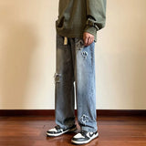 FOESCE New Men's Star Embroidered Ripped Baggy Jeans High Street Straight Denim Pants Autumn Hip Hop Fashion Y2K Vintage Jean Trousers