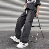 FOESCE New Men's Star Embroidered Ripped Baggy Jeans High Street Straight Denim Pants Autumn Hip Hop Fashion Y2K Vintage Jean Trousers