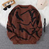 FOESCE New Popular Spring Autumn Graffiti Jacquard Pattern Pullover Sweater Casual Round Neck Contrast Color Knitted Men's Pullover