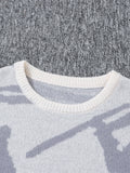 FOESCE New Popular Spring Autumn Graffiti Jacquard Pattern Pullover Sweater Casual Round Neck Contrast Color Knitted Men's Pullover