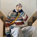 FOESCE New autumn and winter men's sweater polo collar retro lapel color collision pullover loose versatile couple casual knitwear
