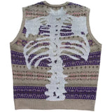 FOESCE Non Kapital Vintage Bone Skeleton Printe Ethnic Retro Flower Stripe Knitted Japan Style Pink Loose Sweater Vest Annual Jia Brand