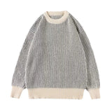 FOESCE O Neck Knitted Pullovers Striped Sweater Men Long Sleeve Jumpers Spliced Loose Fit High Street 2025 Winter Standard Wool