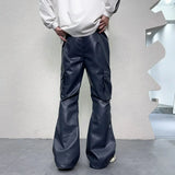 FOESCE PU Leather Pants Men's Streetwear Fashion Hip Hop Vibe Casual Faux Leather Cargo Flared Pant Men Motorcycle Trousers