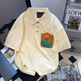 FOESCE Personalized tulip graphic embroidery polo short sleeved t-shirt for men and women summer loose retro loose casual y2k harajuku