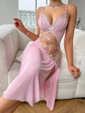 FOESCE Pink Flower Printed Women Open Back Split Nightdress Homewear Lace Sexy V-Neck Perspective Summer Thin Breathable Slip Sleepwear