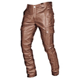 FOESCE Plus Size 5XL Retro Men PU Leather Pants Street Wear Autumn Punk Style Multi Pocket Casual Pants Fashion Waterproof LeatherPants