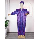 FOESCE Plus Size African Women Long Dress Jacquard Loose Fit Gown Full Set Kerchief Elegant Purple Costume Dinner Party Halloween