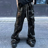 FOESCE RO Style Glossy Black Pu Leather Pants for Men High Street Y2k Pantalones Hombre Baggy Overall Wide Leg Drawstring Cargos