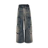 RO Style Gradient Ribbons Multi-pockets Drawstring Jeans for Men Harajuku Streetwear Baggy Y2K Denim Trousers Oversized Cargos