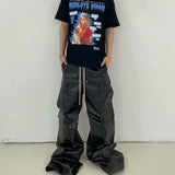 FOESCE RO Style Matte PU Leather Pants for Men High Street Y2k Pantalones Hombre Baggy Overall Wide Leg Drawstring Cargo Pants