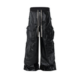 FOESCE RO Style Matte PU Leather Pants for Men High Street Y2k Pantalones Hombre Baggy Overall Wide Leg Drawstring Cargo Pants