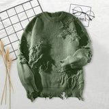 FOESCE Ripped Men Sweater Men Sweater Vintage Hip Hop Men's Sweater Ripped Knitted Pullover with Warm Elasticity for Fall/winter