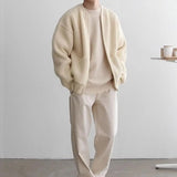 FOESCE Spring Autumn Men's Loose Sweater Knitted Zipper Medium Length Lazy Cardigan Solid High Street Casual O-neck Sweater Clothes