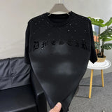 FOESCE Mens T-Shirt Y2k Sanskrit Rhinestone Decoration T-Shirt Summer Streetwear Gothic Rock Shiny Fashion Short Sleeve Top Men 2025