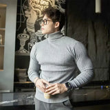 FOESCE New Men's Turtleneck Sweaters Autumn Knitted Striped Streetwear Warm Long Sleeved Pullover Solid Color Basic Style Casual Tops