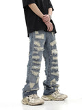 FOESCE 2025 American style high street washed personalized torn hole cut straight tube loose fitting jeans, versatile for men and women