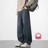 FOESCE Straight Jeans Casual Men Autumn New Solid Color Loose Trousers Comfortable Vintage Wide-leg Denim Pants Male Clothing Baggy