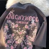 American Style Retro Loose Rose Butterfly Angel Printing Short Sleeve T-shirt for Men and Women Lovers Summer Loose Casual Top