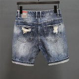 Fashion Vintage Korean Men's Summer Denim Shorts with Distressed Holes Slim Fit Distressed Holes Designer Luxury Clothing Men