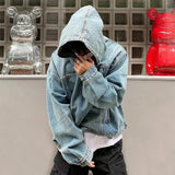 FOESCE Mens Autumn Winter Fashion Denim Washed Distressed Retro Hoodie Genderless Street Fashion Casual Loose Denim Sweatshirt Unisex