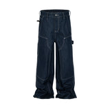FOESCE High Street Cleanfit Multipockets Drak Blue Baggy Jeans for Men and Women Straight Vintage Casual Loose Denim Trousers Oversize