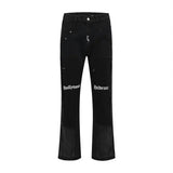 FOESCE European and American high street men's washed jeans retro personalized straight-leg splicing flared pants trendy denim trousers