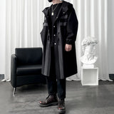 FOESCE New Trench coat Men's Windbreaker Patchwork Color Medium Long Trenchcoat Korean Fashion Covered Button Male Hooded Trench Jacket