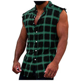 FOESCE Mens Sleeveless Flannel Tank Tops Casual Loose Button Down Cowboy Plaid Snap Shirts Plus Size Vest Camiseta Masculina Playeras