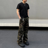 FOESCE Mens Denim Trousers Vintage American Retro High Street Camouflage Functional Design Straight Durable Versatile Trousers Summer