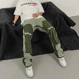 FOESCE European and American high street men's washed jeans retro personalized straight-leg splicing flared pants trendy denim trousers